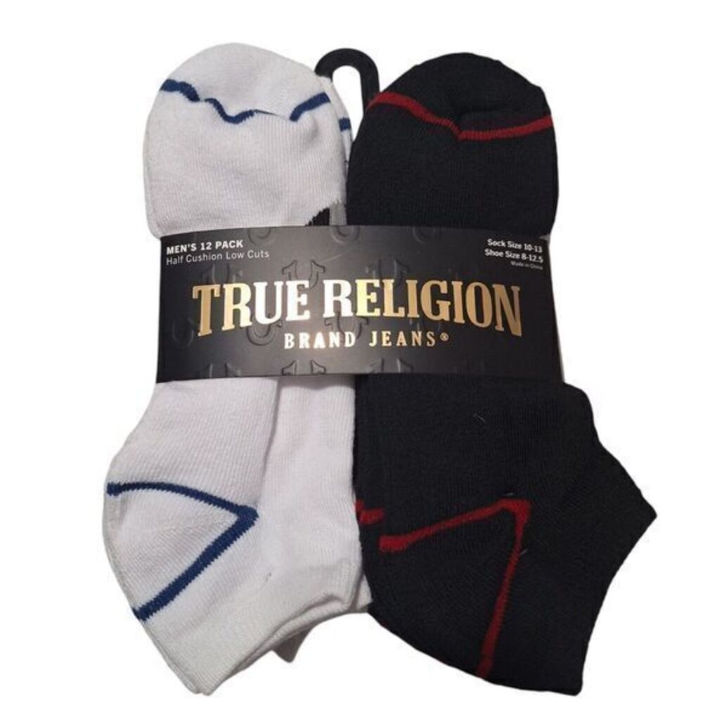 True Religion Men's Low Cut‎ Socks 12 Pack Size 10-13 Cushioned Black White-NEW
